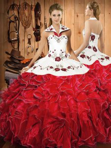 Best Selling Wine Red Ball Gowns Satin and Organza Halter Top Sleeveless Embroidery and Ruffles Floor Length Lace Up Quinceanera Gowns