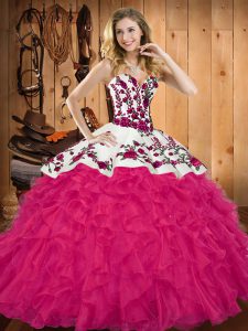 Glamorous Hot Pink Tulle Lace Up 15th Birthday Dress Sleeveless Floor Length Embroidery and Ruffles