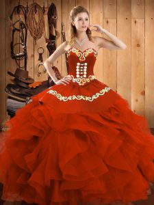 Clearance Rust Red Lace Up Sweetheart Embroidery and Ruffles Sweet 16 Quinceanera Dress Satin and Organza Sleeveless
