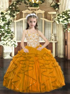 Discount Beading and Ruffles Little Girls Pageant Dress Orange Lace Up Sleeveless Floor Length