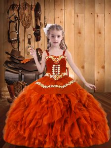 Orange Red Ball Gowns Straps Sleeveless Organza Floor Length Lace Up Embroidery and Ruffles Little Girls Pageant Dress