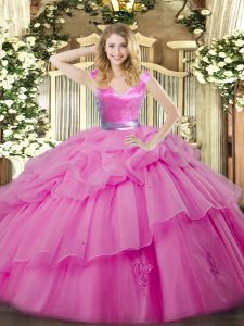 Beautiful Lilac Ball Gowns V-neck Sleeveless Organza Floor Length Zipper Ruffled Layers Sweet 16 Dress