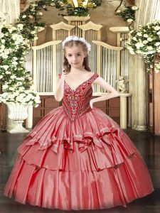 Coral Red Sleeveless Beading and Ruffled Layers Floor Length Pageant Dresses