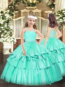 Beading and Lace Pageant Dress Toddler Turquoise Zipper Sleeveless Floor Length
