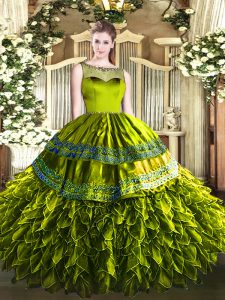 Olive Green Ball Gowns Beading and Ruffles Quinceanera Gown Zipper Organza and Taffeta Sleeveless Floor Length