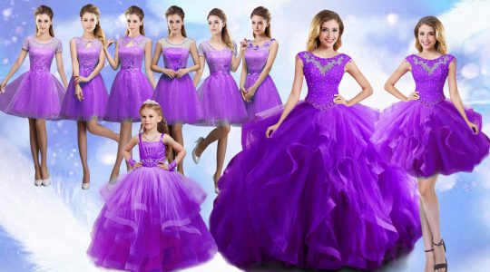 Pretty Scoop Sleeveless Quinceanera Dress Floor Length Beading Eggplant Purple Organza