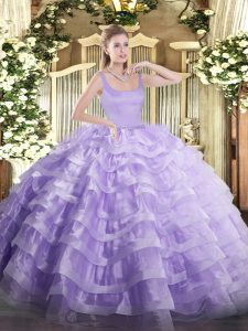 Sleeveless Organza Floor Length Zipper Sweet 16 Quinceanera Dress in Lavender with Beading and Ruffled Layers