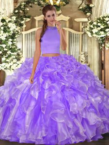 Lavender Organza Backless 15th Birthday Dress Sleeveless Floor Length Beading and Ruffles