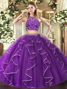 Purple Tulle Zipper Ball Gown Prom Dress Sleeveless Floor Length Beading and Ruffles
