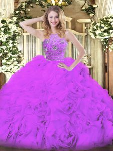Beautiful Eggplant Purple Halter Top Zipper Beading and Ruffles Ball Gown Prom Dress Sleeveless