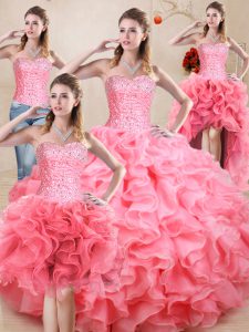 Baby Pink Lace Up Quinceanera Gown Beading and Ruffles and Ruching Sleeveless Floor Length