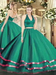 Sweet Dark Green Sweet 16 Dress Military Ball and Sweet 16 and Quinceanera with Ruffled Layers Halter Top Sleeveless Zipper