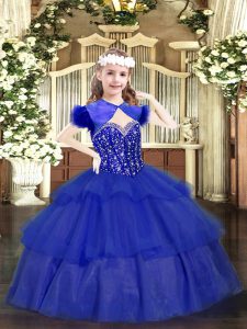 Inexpensive Sleeveless Organza Floor Length Lace Up Custom Made Pageant Dress in Royal Blue with Beading and Ruffled Layers