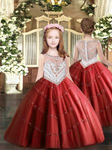 Scoop Sleeveless Zipper Little Girl Pageant Dress Red Tulle