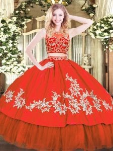 Lovely Red Zipper Scoop Beading and Appliques 15th Birthday Dress Tulle Sleeveless