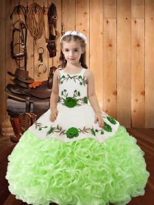 Most Popular Sleeveless Fabric With Rolling Flowers Floor Length Lace Up Pageant Dress Womens in Yellow Green with Embroidery and Ruffles