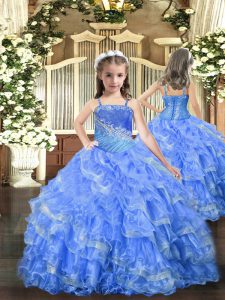Baby Blue Straps Neckline Beading and Ruffled Layers Pageant Dress for Girls Sleeveless Lace Up