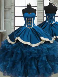 Blue Ball Gowns Beading and Ruffles 15 Quinceanera Dress Lace Up Organza Sleeveless Floor Length