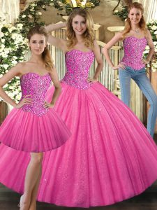 Hot Pink Sleeveless Floor Length Beading Lace Up Quince Ball Gowns