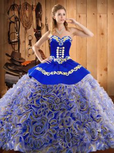 Custom Fit Sweep Train Ball Gowns 15 Quinceanera Dress Multi-color Sweetheart Satin and Fabric With Rolling Flowers Sleeveless With Train Lace Up