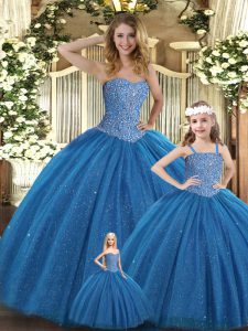 Custom Fit Teal Sweetheart Neckline Beading Ball Gown Prom Dress Sleeveless Lace Up