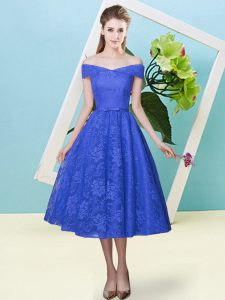 Extravagant Blue Empire Lace Off The Shoulder Cap Sleeves Bowknot Tea Length Lace Up Dama Dress