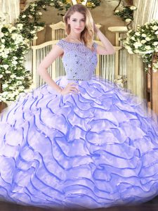 Lavender Tulle Zipper Bateau Sleeveless Quince Ball Gowns Sweep Train Beading and Ruffled Layers