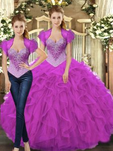 Shining Ball Gowns 15th Birthday Dress Fuchsia Straps Tulle Sleeveless Floor Length Lace Up