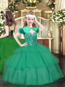 Discount Turquoise Lace Up Little Girls Pageant Gowns Beading and Ruffled Layers Sleeveless Floor Length