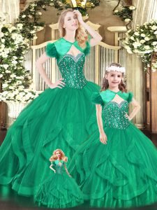 Sweetheart Sleeveless Quinceanera Dress Floor Length Beading and Ruffles Turquoise Organza