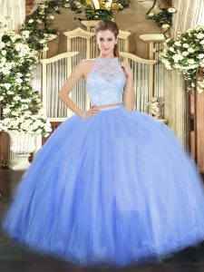Blue Tulle Zipper Quinceanera Gowns Sleeveless Floor Length Lace