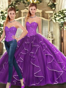 Luxury Sleeveless Floor Length Beading and Ruffles Lace Up Sweet 16 Dresses with Eggplant Purple