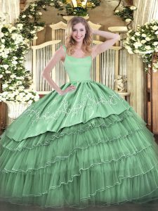 Fantastic Green Ball Gowns Straps Sleeveless Organza Floor Length Zipper Embroidery and Ruffled Layers Quinceanera Gowns