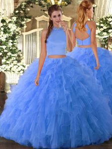 Attractive Two Pieces Sweet 16 Dresses Baby Blue Halter Top Tulle Sleeveless Floor Length Backless