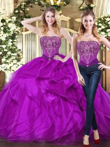 Hot Sale Purple Ball Gowns Sweetheart Sleeveless Organza Floor Length Lace Up Beading and Ruffles Quinceanera Gowns