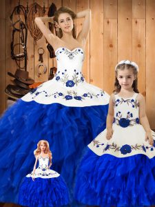 Blue And White Satin and Organza Lace Up Quinceanera Gown Sleeveless Floor Length Embroidery and Ruffles