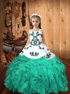 Turquoise Organza Lace Up High School Pageant Dress Sleeveless Floor Length Embroidery and Ruffles