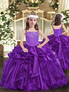 Beautiful Eggplant Purple and Purple Sleeveless Beading Floor Length Pageant Gowns For Girls