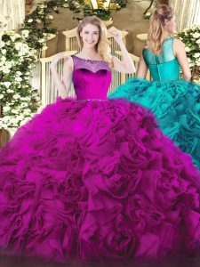 Vintage Fuchsia Quinceanera Gowns Fabric With Rolling Flowers Sleeveless Beading