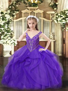 Floor Length Eggplant Purple Pageant Dress for Womens V-neck Sleeveless Zipper