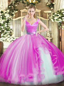 Custom Made Floor Length Hot Pink Sweet 16 Dresses Tulle Sleeveless Beading and Ruffles