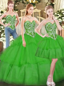 Green Sweetheart Neckline Beading and Ruffled Layers Quinceanera Gown Sleeveless Lace Up