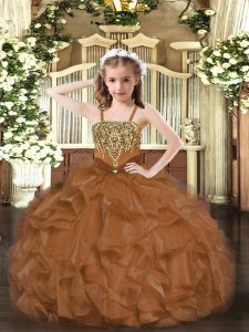 Floor Length Brown Pageant Dress for Teens Straps Sleeveless Lace Up