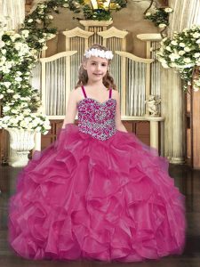 Adorable Beading and Ruffles Little Girls Pageant Dress Fuchsia Lace Up Sleeveless Floor Length
