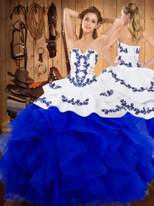 New Arrival Blue And White Strapless Lace Up Embroidery and Ruffles Vestidos de Quinceanera Sleeveless