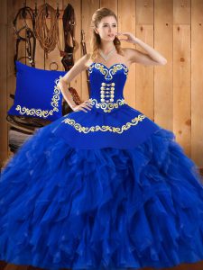 Glamorous Blue Ball Gowns Sweetheart Sleeveless Satin and Organza Floor Length Lace Up Embroidery and Ruffles Vestidos de Quinceanera