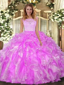 Lilac Clasp Handle 15th Birthday Dress Lace and Ruffles Sleeveless Floor Length
