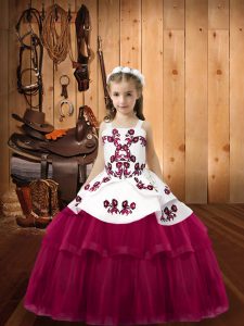 Straps Sleeveless Pageant Dress Toddler Floor Length Embroidery Fuchsia Tulle