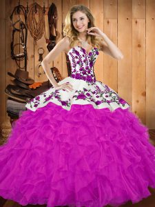 Decent Sleeveless Floor Length Embroidery and Ruffles Lace Up Sweet 16 Quinceanera Dress with Fuchsia