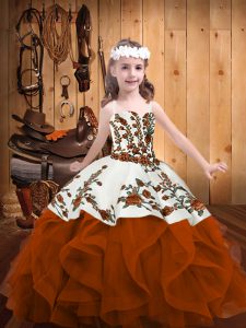 Embroidery and Ruffles Little Girl Pageant Dress Rust Red Lace Up Sleeveless Floor Length
